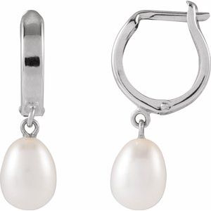 14K White Gold Cultured White Freshwater Pearl Hoop Earrings