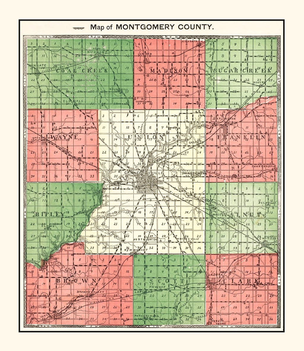 Vintage Map of Montgomery County, Indiana 1898