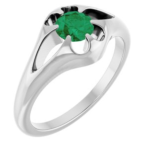 14K White Gold Natural Emerald Belcher Ring