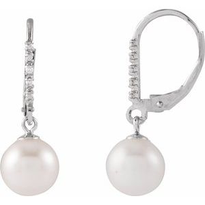 14K White Gold Cultured White Freshwater Pearl & .05 CTW Natural Diamond Lever Back Earrings