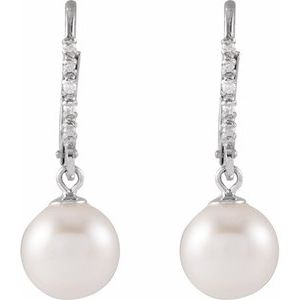 14K White Gold Cultured White Freshwater Pearl & .05 CTW Natural Diamond Lever Back Earrings
