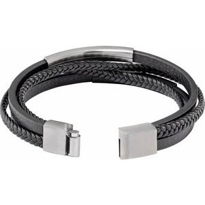 Stainless Steel 11 mm Black Leather Multi-Strand 9" Bracelet