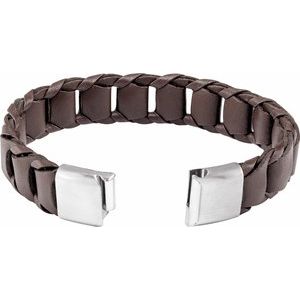 Stainless Steel 17 mm Brown Leather 8" Bracelet
