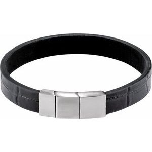Stainless Steel 11 mm Black Leather 8 1/2" Bracelet
