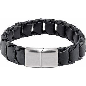 Stainless Steel 17 mm Black Leather 8" Bracelet