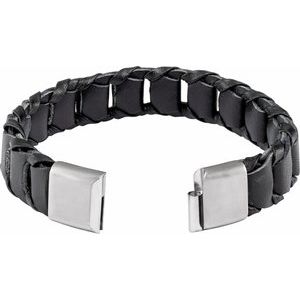 Stainless Steel 17 mm Black Leather 8 1/2" Bracelet