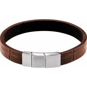 Stainless Steel 11 mm Brown Leather 8" Bracelet
