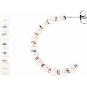14K White Gold Cultured White Freshwater Pearl 30.3 mm Hoop Earrings