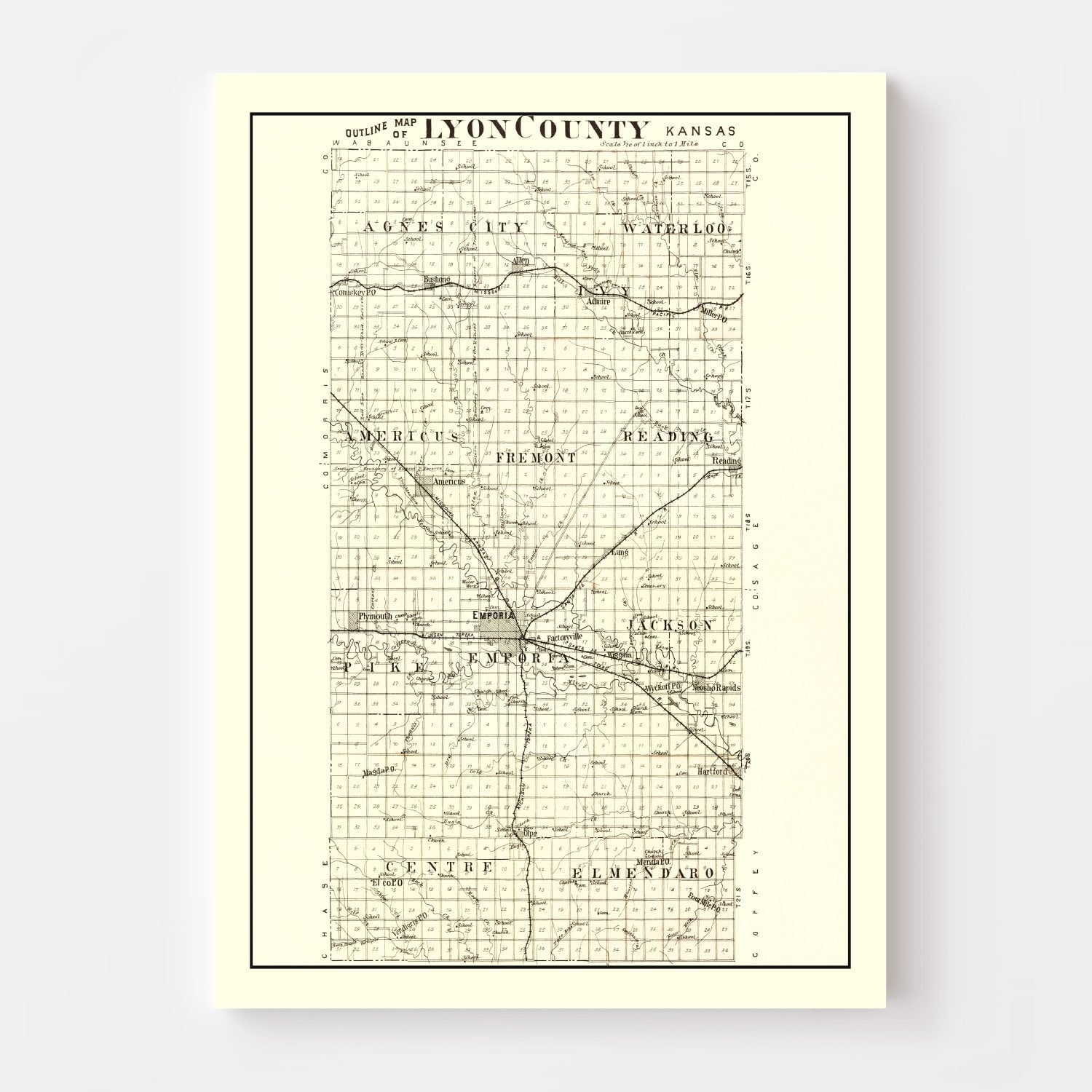 Vintage Map of Lyon County, Kansas 1901