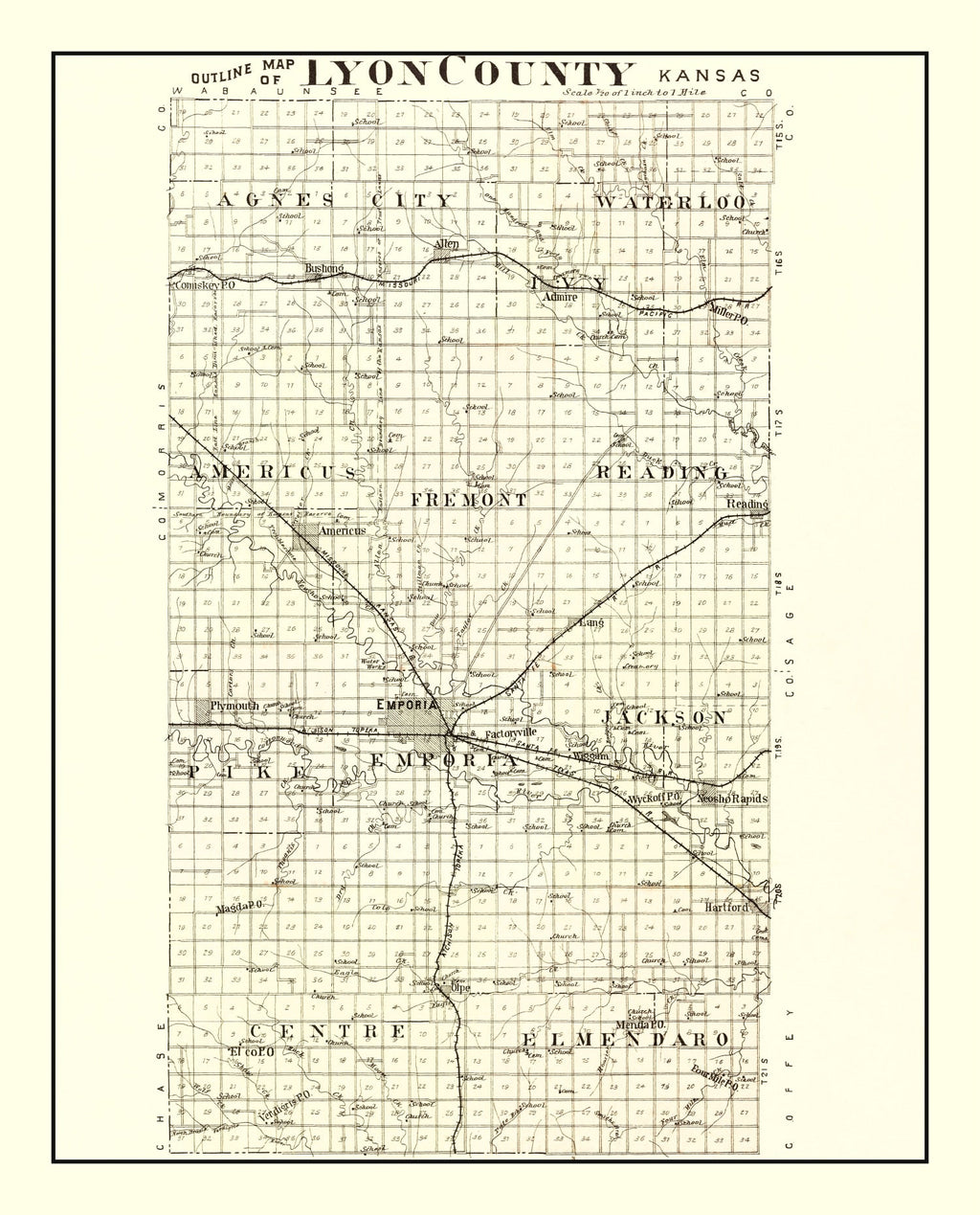 Vintage Map of Lyon County, Kansas 1901