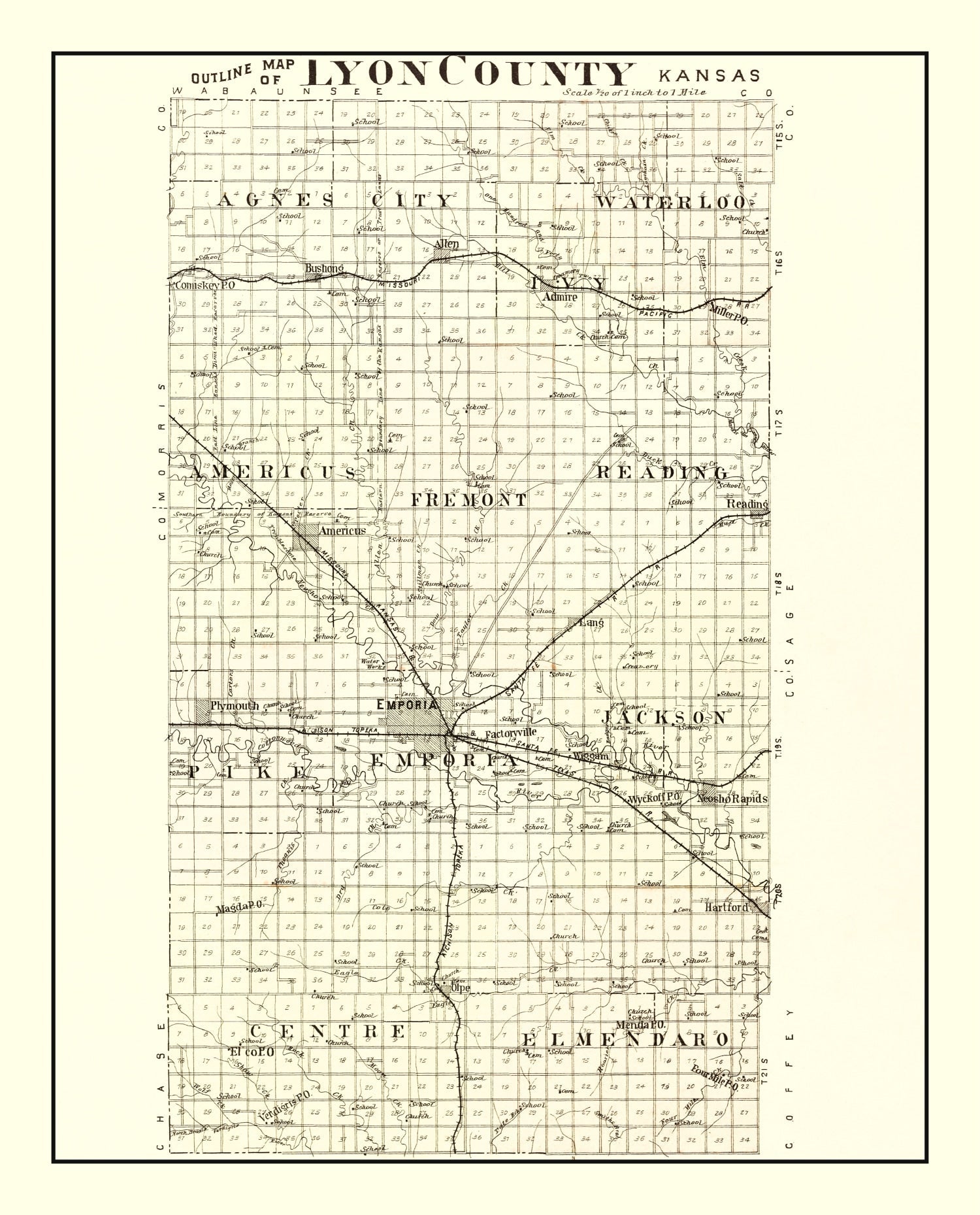 Vintage Map of Lyon County, Kansas 1901