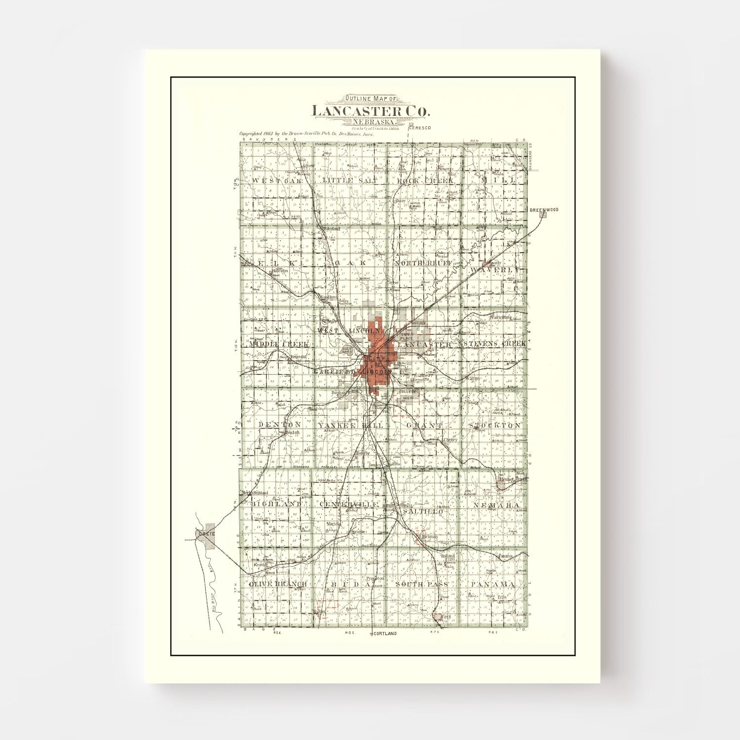 Vintage Map of Lancaster County, Nebraska 1903