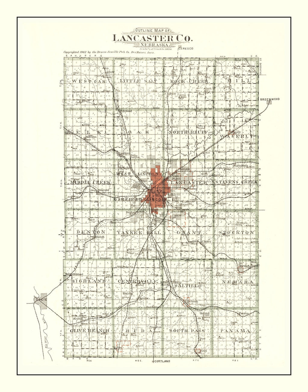 Vintage Map of Lancaster County, Nebraska 1903