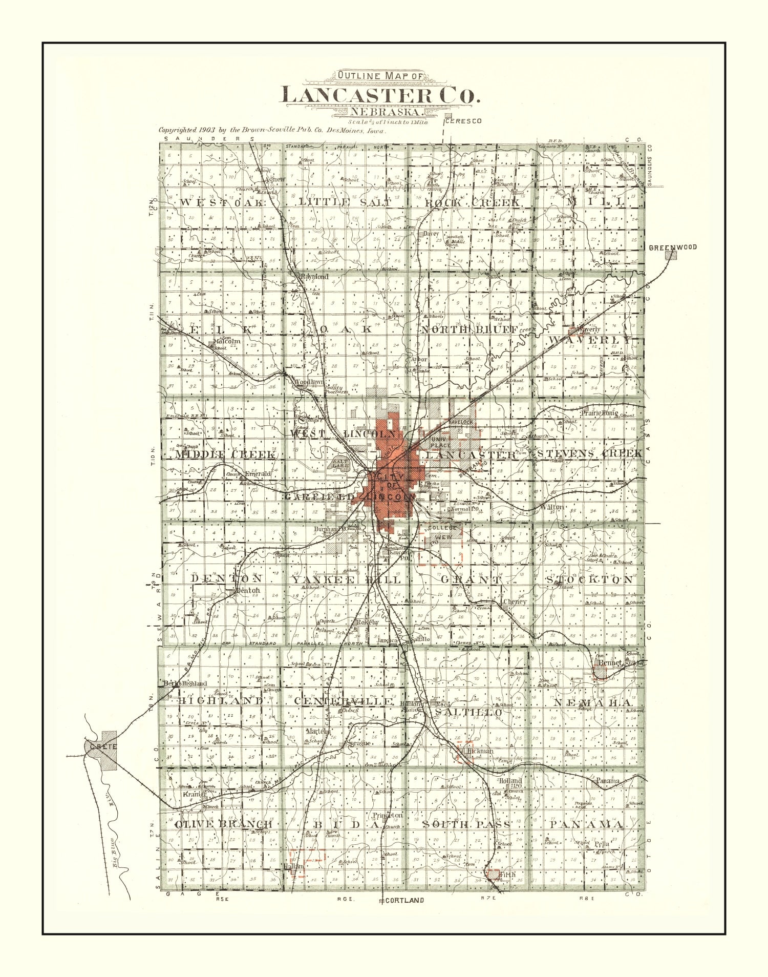 Vintage Map of Lancaster County, Nebraska 1903