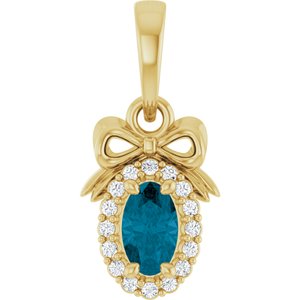 14K Yellow Gold Natural London Blue Topaz & .04 CTW Natural Diamond Bow Pendant