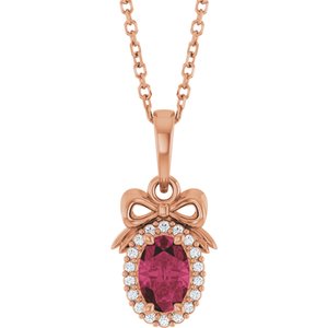 14K Rose Gold Natural Rhodolite Garnet & .04 CTW Natural Diamond Bow 16-18" Necklace