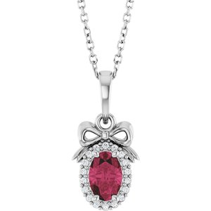 14K White Gold Natural Rhodolite Garnet & .04 CTW Natural Diamond Bow 16-18" Necklace