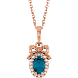 14K Rose Gold Natural London Blue Topaz & .04 CTW Natural Diamond Bow 16-18" Necklace