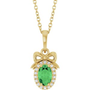 14K Yellow Gold Natural Tsavorite Garnet & .04 CTW Natural Diamond Bow 16-18" Necklace