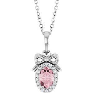 Sterling Silver Natural Pink Morganite & .04 CTW Natural Diamond Bow 16-18" Necklace