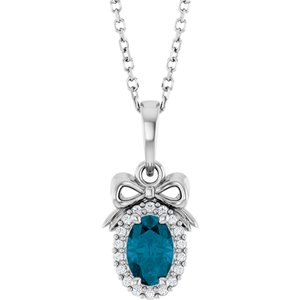 Sterling Silver Natural London Blue Topaz & .04 CTW Natural Diamond Bow 16-18" Necklace