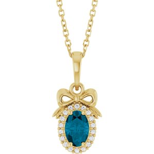14K Yellow Gold Natural London Blue Topaz & .04 CTW Natural Diamond Bow 16-18" Necklace