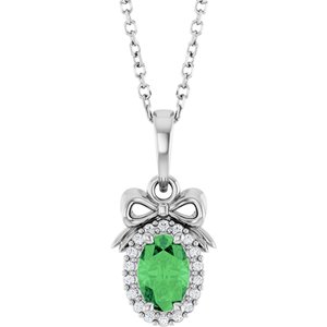 14K White Gold Natural Tsavorite Garnet & .04 CTW Natural Diamond Bow 16-18" Necklace