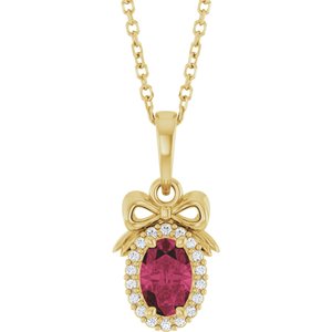 14K Yellow Gold Natural Rhodolite Garnet & .04 CTW Natural Diamond Bow 16-18" Necklace