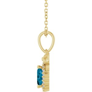 14K Yellow Gold Natural London Blue Topaz & .04 CTW Natural Diamond Bow 16-18" Necklace