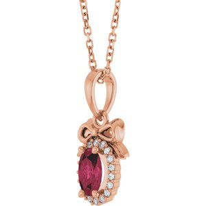14K Rose Gold Natural Rhodolite Garnet & .04 CTW Natural Diamond Bow 16-18" Necklace