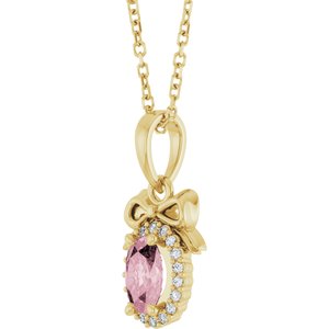 14K Yellow Gold Natural Pink Morganite & .04 CTW Natural Diamond Bow 16-18" Necklace