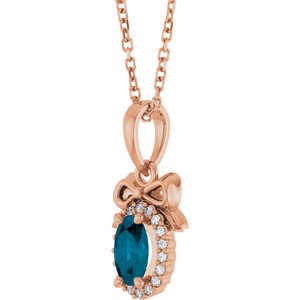 14K Rose Gold Natural London Blue Topaz & .04 CTW Natural Diamond Bow 16-18" Necklace