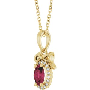 14K Yellow Gold Natural Rhodolite Garnet & .04 CTW Natural Diamond Bow 16-18" Necklace