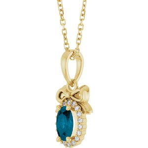 14K Yellow Gold Natural London Blue Topaz & .04 CTW Natural Diamond Bow 16-18" Necklace