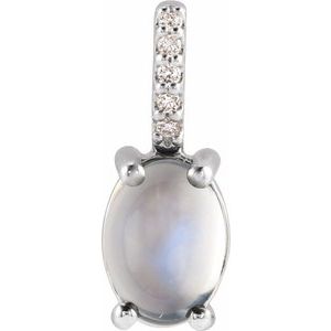 14K White 5x3 mm Natural Rainbow Moonstone & .02 CTW Natural Diamond Charm/Pendant
