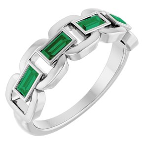 14K White Gold Lab-Grown Emerald Chain Link Ring