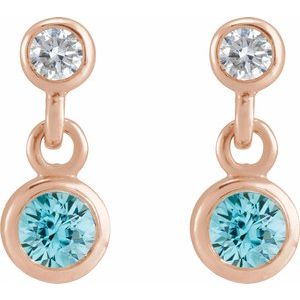 14K Rose Gold Natural Blue Zircon & .05 CTW Natural Diamond Two-Stone Earrings – image 2