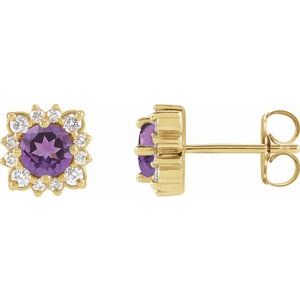 14K Yellow Gold Natural Amethyst & .08 CTW Natural Diamond Halo-Style Earrings