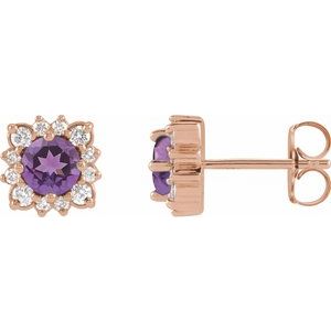 14K Rose Gold Natural Amethyst & .08 CTW Natural Diamond Halo-Style Earrings