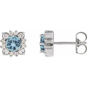 Platinum Natural Aquamarine & 1/5 CTW Natural Diamond Halo-Style Earrings