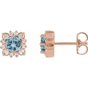 14K Rose Gold Natural Aquamarine & 1/5 CTW Natural Diamond Halo-Style Earrings
