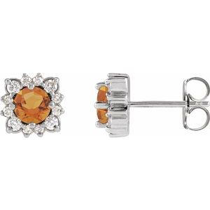 14K White Gold Natural Citrine & .08 CTW Natural Diamond Halo-Style Earrings