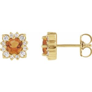 14K Yellow Gold Natural Citrine & .08 CTW Natural Diamond Halo-Style Earrings
