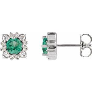 14K White Gold Natural Emerald & .08 CTW Natural Diamond Halo-Style Earrings