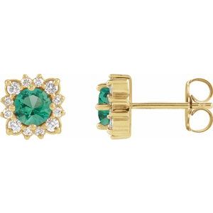 14K Yellow Gold Natural Emerald & .08 CTW Natural Diamond Halo-Style Earrings