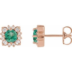 14K Rose Gold Natural Emerald & 1/5 CTW Natural Diamond Halo-Style Earrings