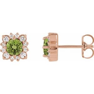 14K Rose Gold Natural Peridot & 1/5 CTW Natural Diamond Halo-Style Earrings
