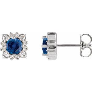 Platinum Natural Blue Sapphire & 1/2 CTW Natural Diamond Halo-Style Earrings
