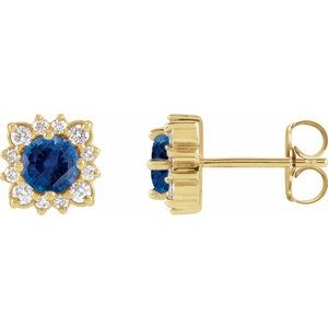 14K Yellow Gold Lab-Grown Blue Sapphire & .08 CTW Natural Diamond Halo-Style Earrings