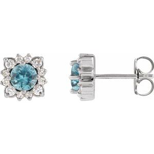 Platinum Natural Blue Zircon & 1/5 CTW Natural Diamond Halo-Style Earrings